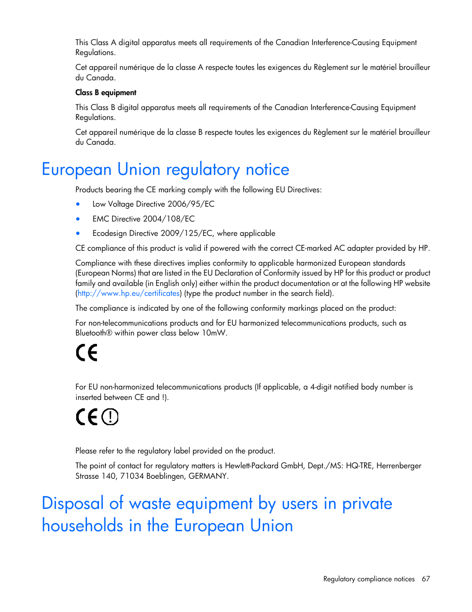 European union regulatory notice | HP ProLiant BL420c Gen8 Server Blade User Manual | Page 67 / 88
