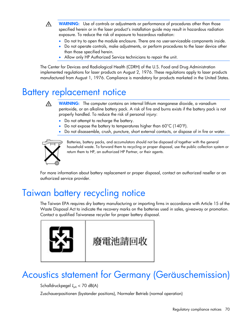 Battery replacement notice, Taiwan battery recycling notice, Acoustics statement for germany (geräuschemission) | HP ProLiant BL420c Gen8 Server Blade User Manual | Page 70 / 88