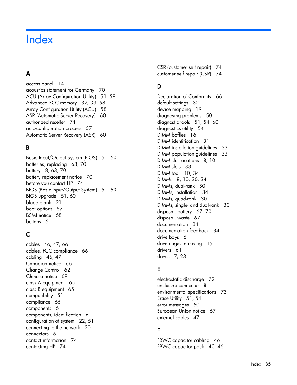 Index | HP ProLiant BL420c Gen8 Server Blade User Manual | Page 85 / 88