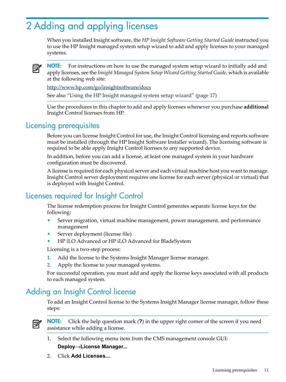 2 adding and applying licenses, Licensing prerequisites, Licenses required for insight control | Adding an insight control license | HP Insight Control User Manual | Page 11 / 44