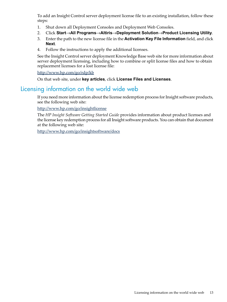 Licensing information on the world wide web | HP Insight Control User Manual | Page 13 / 44