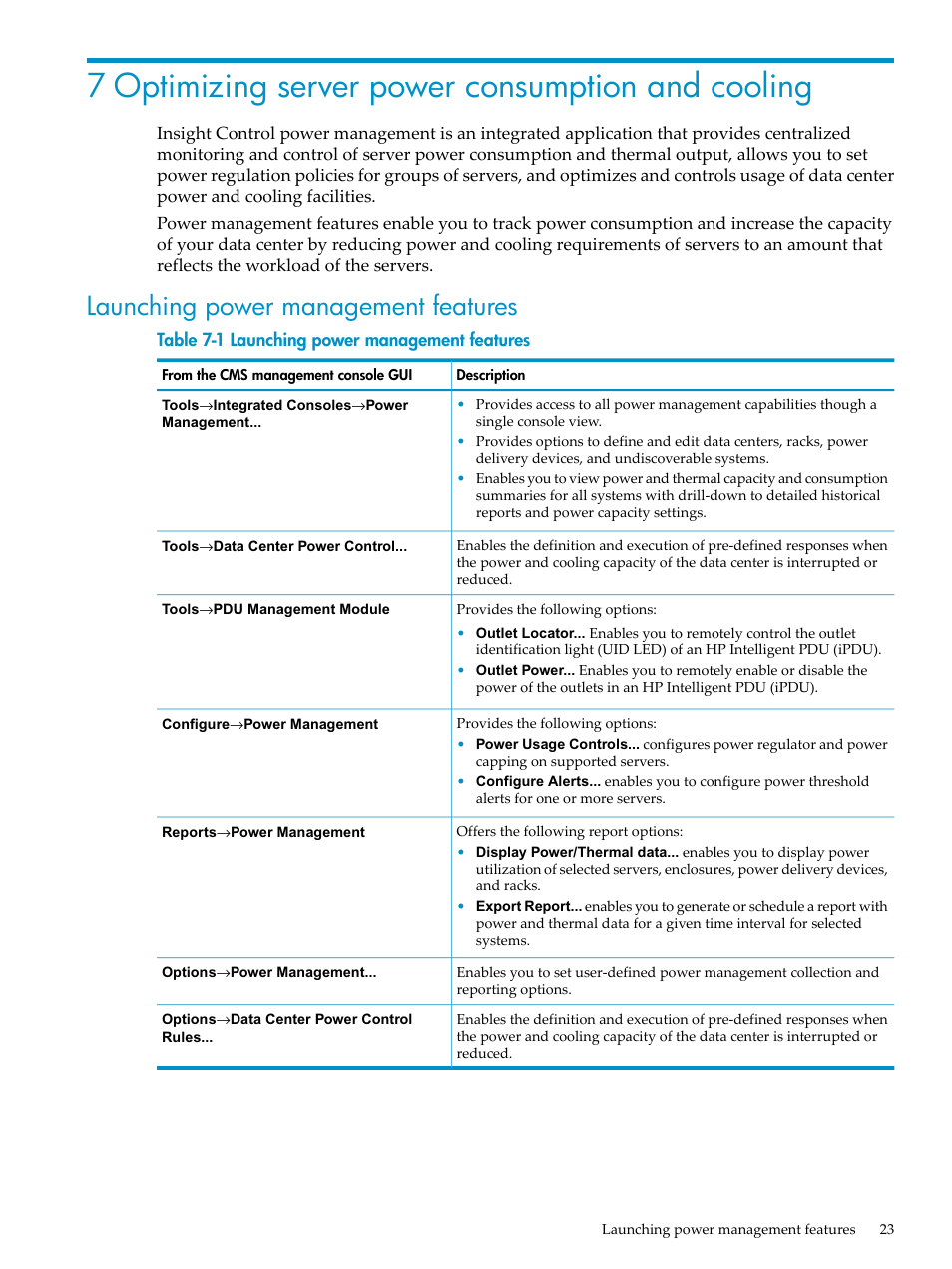 7 optimizing server power consumption and cooling, Launching power management features | HP Insight Control User Manual | Page 23 / 44