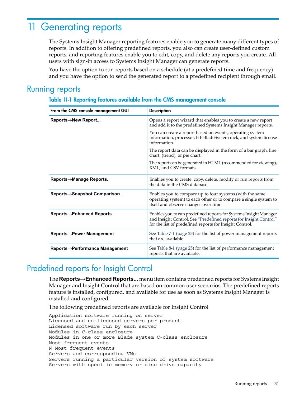 11 generating reports, Running reports, Predefined reports for insight control | HP Insight Control User Manual | Page 31 / 44