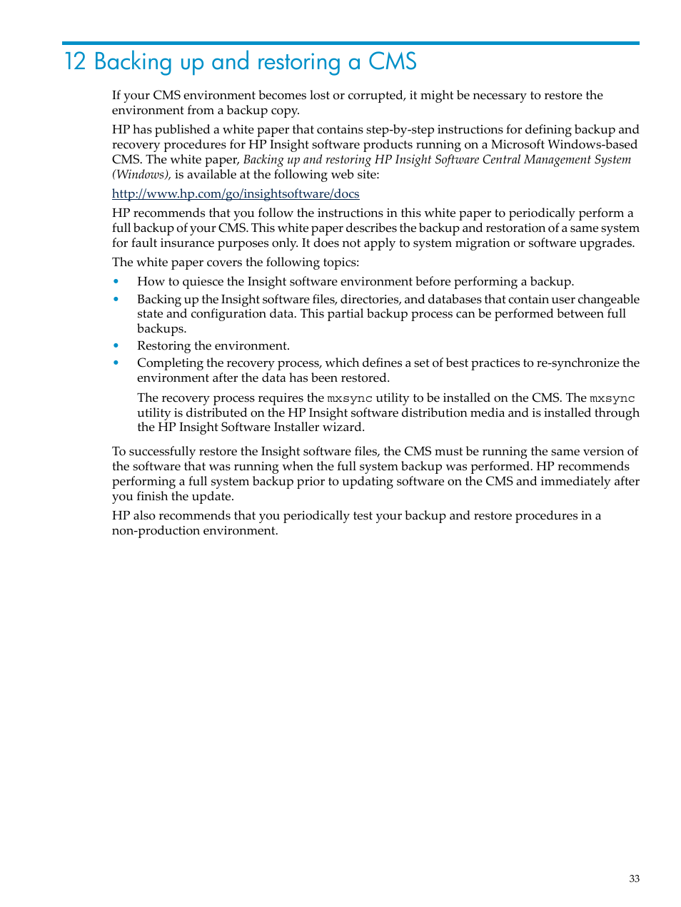 12 backing up and restoring a cms | HP Insight Control User Manual | Page 33 / 44