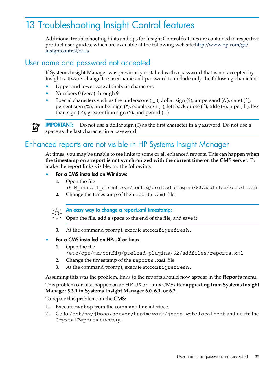 13 troubleshooting insight control features, User name and password not accepted | HP Insight Control User Manual | Page 35 / 44