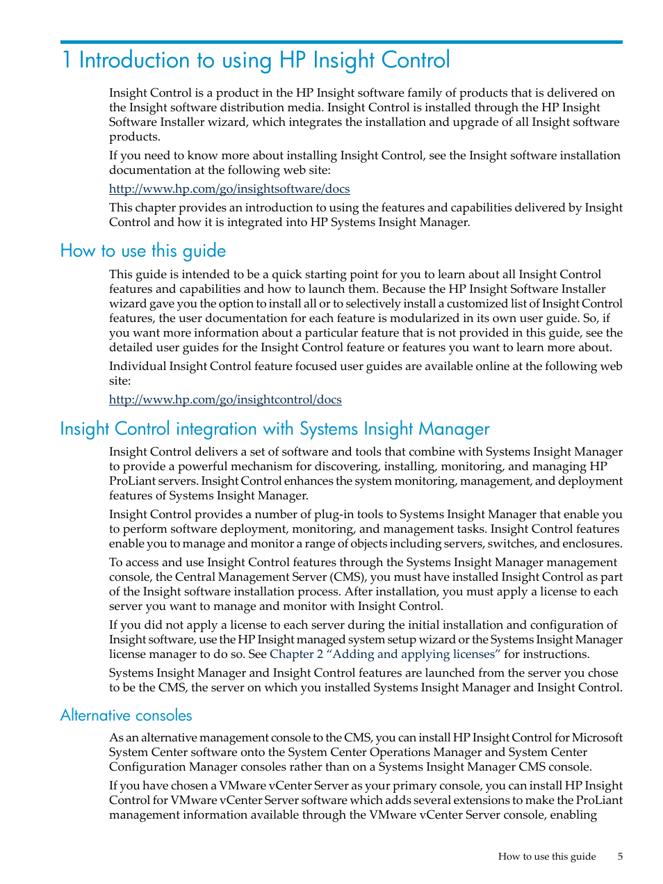1 introduction to using hp insight control, How to use this guide, Alternative consoles | HP Insight Control User Manual | Page 5 / 44