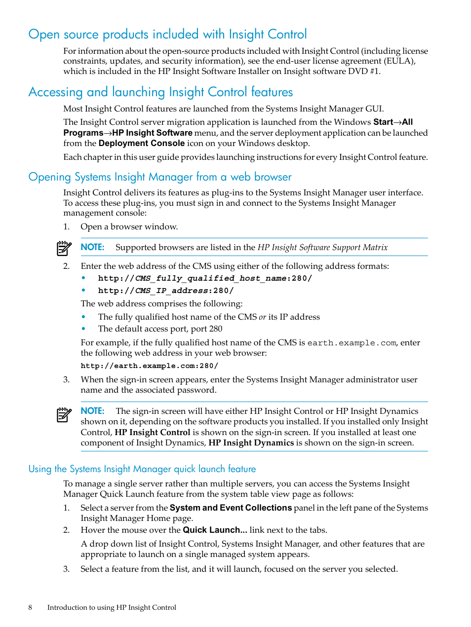 Open source products included with insight control, Accessing and launching insight control features, Opening systems insight manager from a web browser | HP Insight Control User Manual | Page 8 / 44
