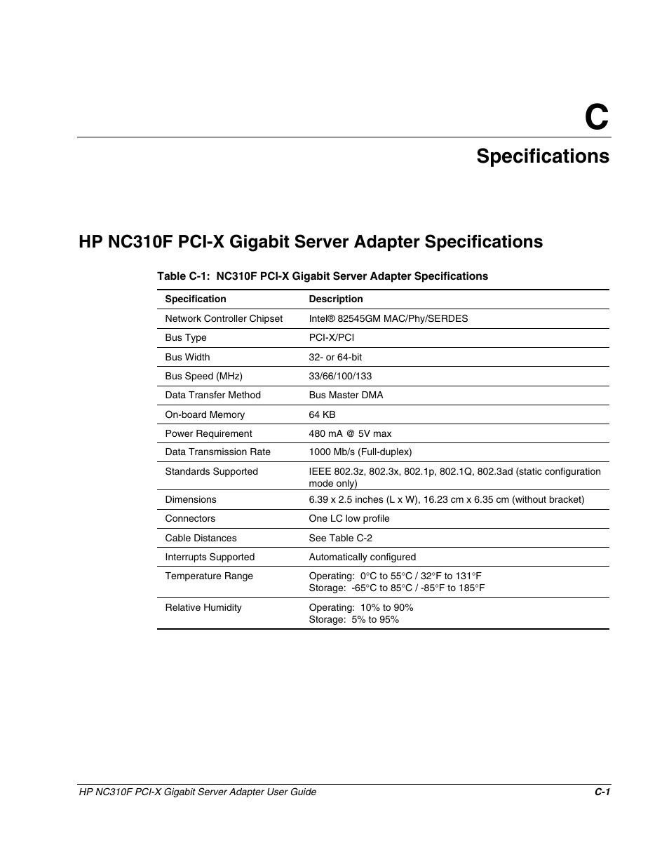 Appendix c: specifications, Appendix c, Specifications | HP NC310F PCI-X Gigabit Server Adapter User Manual | Page 14 / 15