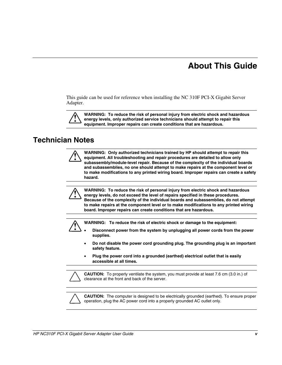 About this guide, Technician notes | HP NC310F PCI-X Gigabit Server Adapter User Manual | Page 5 / 15