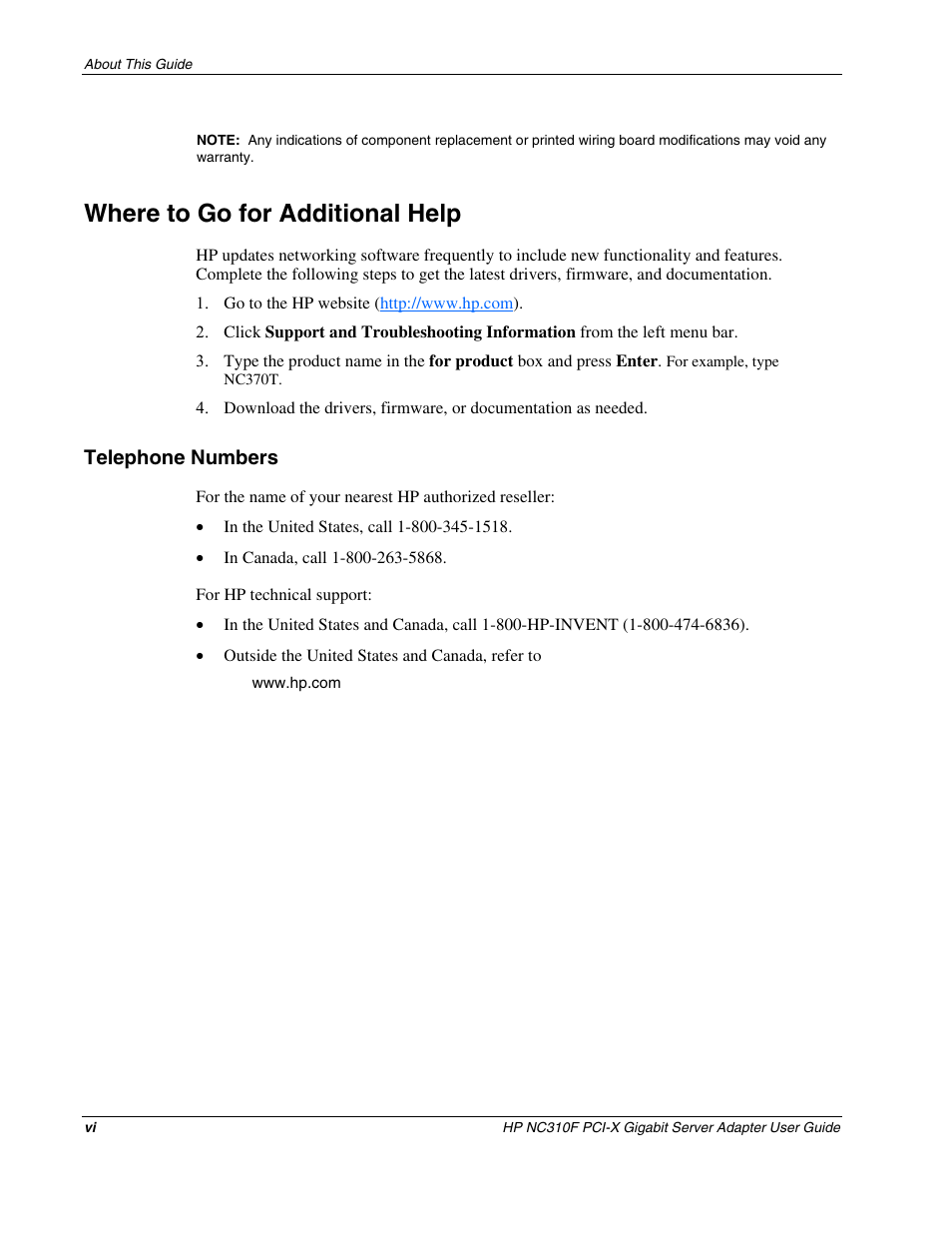 Where to go for additional help, Telephone numbers | HP NC310F PCI-X Gigabit Server Adapter User Manual | Page 6 / 15