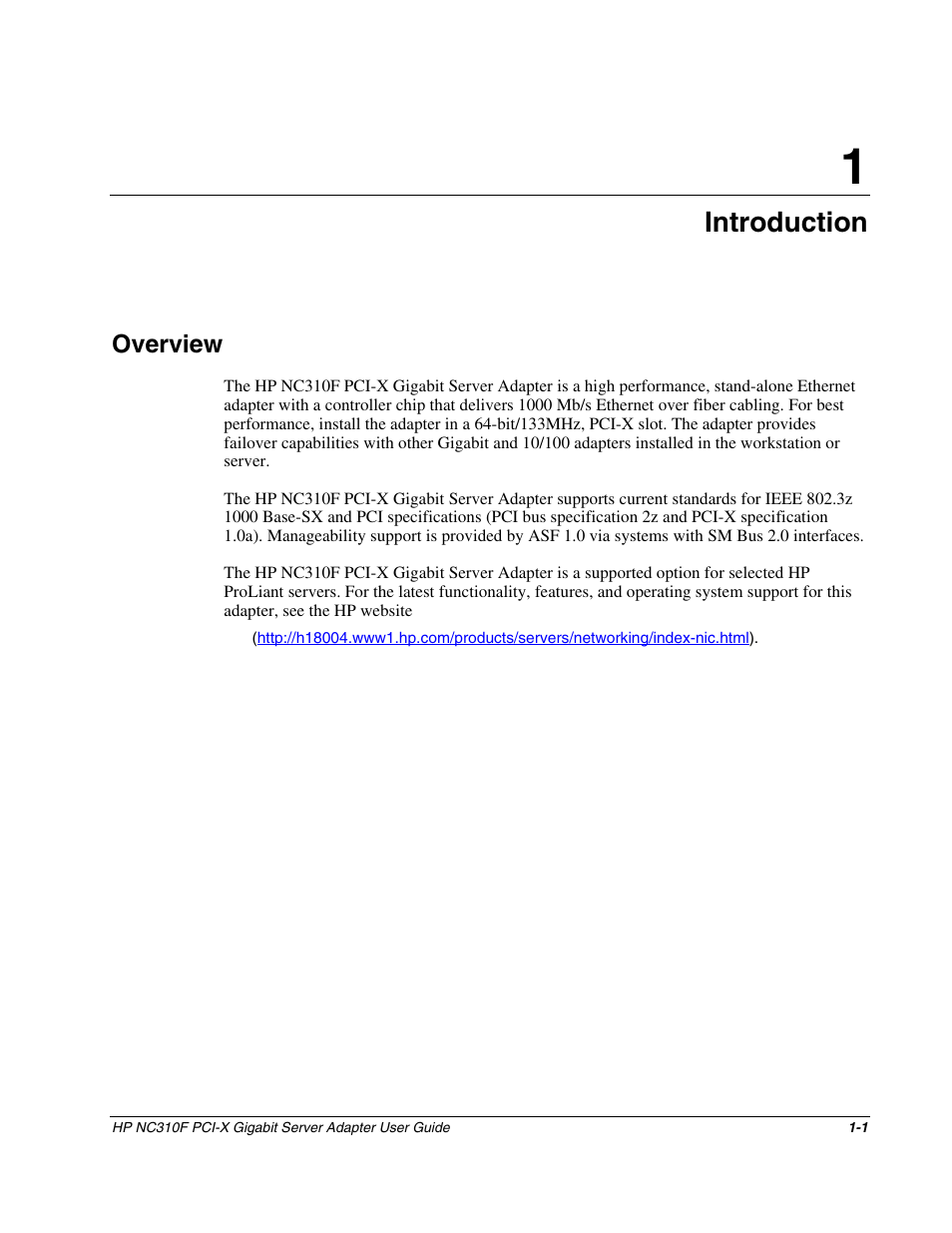 Chapter 1: introduction, Overview, Chapter 1 | Introduction, Overview -1 | HP NC310F PCI-X Gigabit Server Adapter User Manual | Page 7 / 15