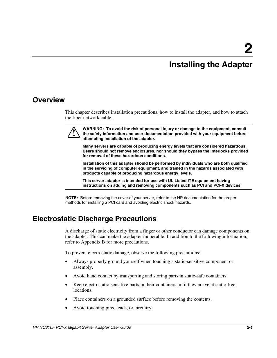 Chapter 2: installing the adapter, Overview, Electrostatic discharge precautions | Chapter 2, Installing the adapter, Overview -1, Electrostatic discharge precautions -1 | HP NC310F PCI-X Gigabit Server Adapter User Manual | Page 9 / 15