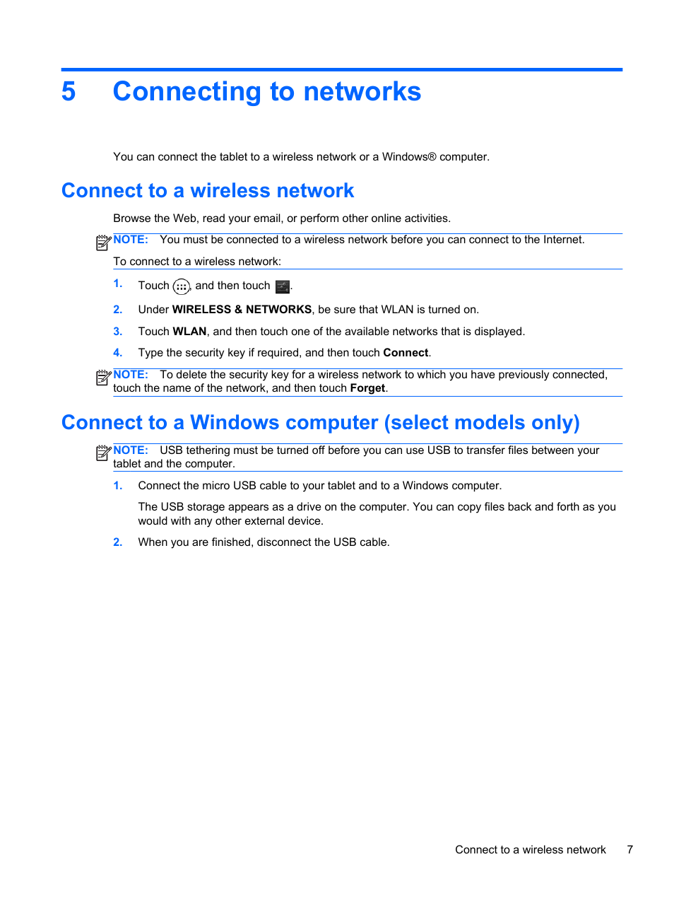 Connecting to networks, Connect to a wireless network, Connect to a windows computer (select models only) | 5 connecting to networks, 5connecting to networks | HP 8 1401ee Tablet User Manual | Page 11 / 17