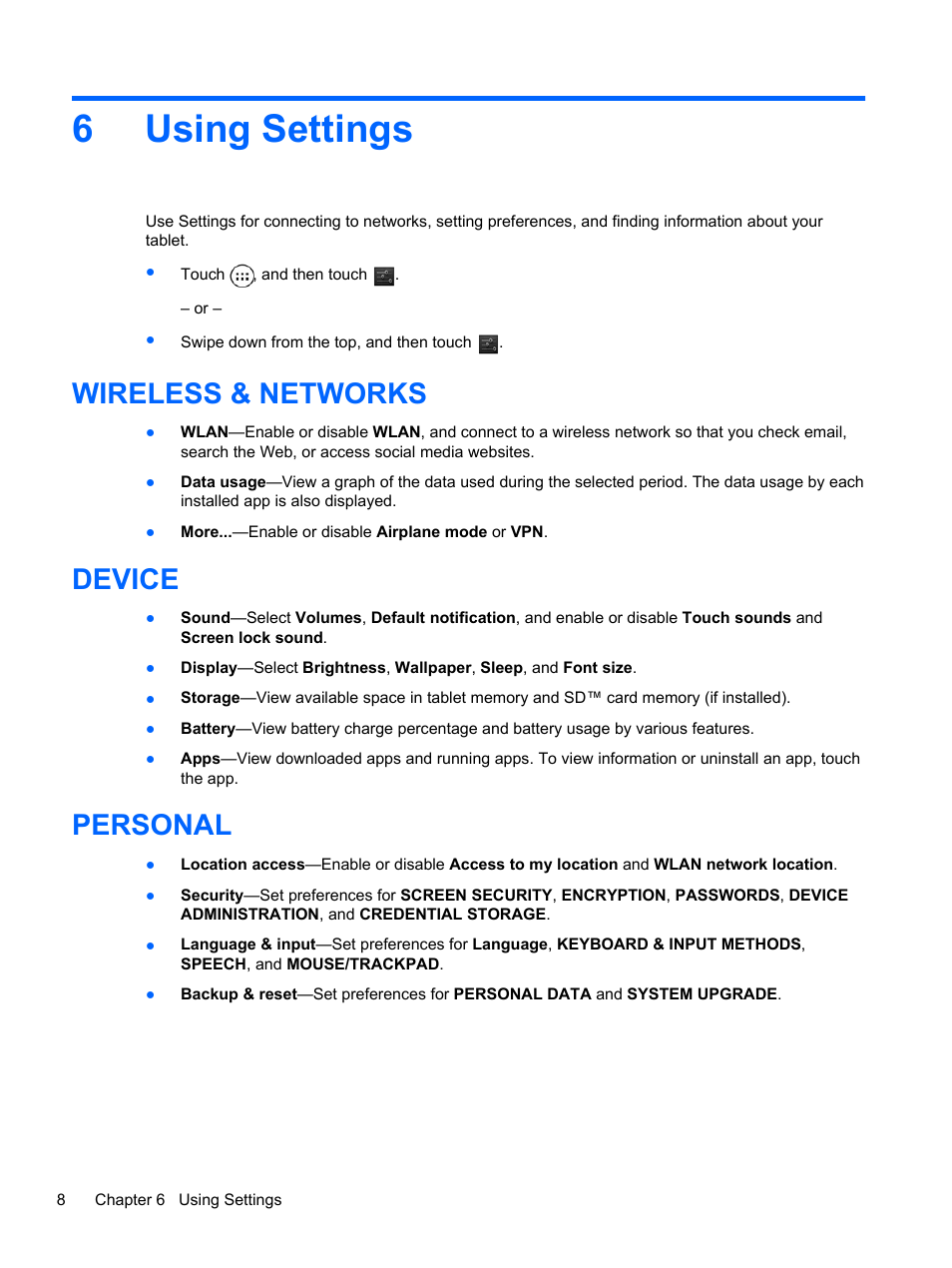 Using settings, Wireless & networks, Device | Personal, 6 using settings, Wireless & networks device personal, 6using settings | HP 8 1401ee Tablet User Manual | Page 12 / 17