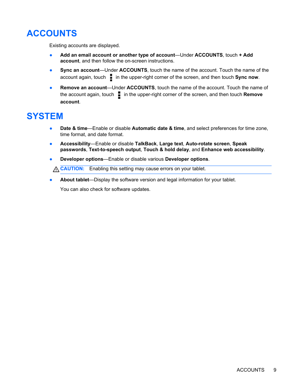 Accounts, System, Accounts system | HP 8 1401ee Tablet User Manual | Page 13 / 17