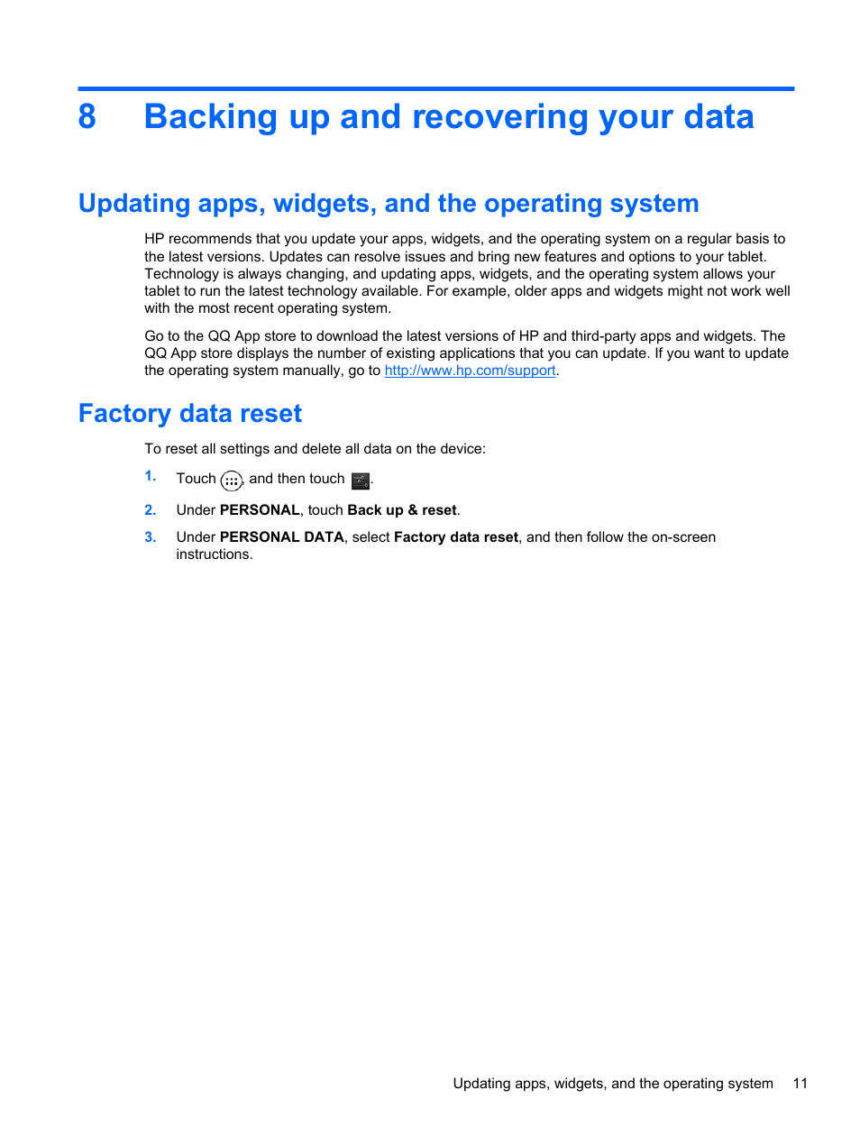 Backing up and recovering your data, Updating apps, widgets, and the operating system, Factory data reset | 8 backing up and recovering your data, 8backing up and recovering your data | HP 8 1401ee Tablet User Manual | Page 15 / 17