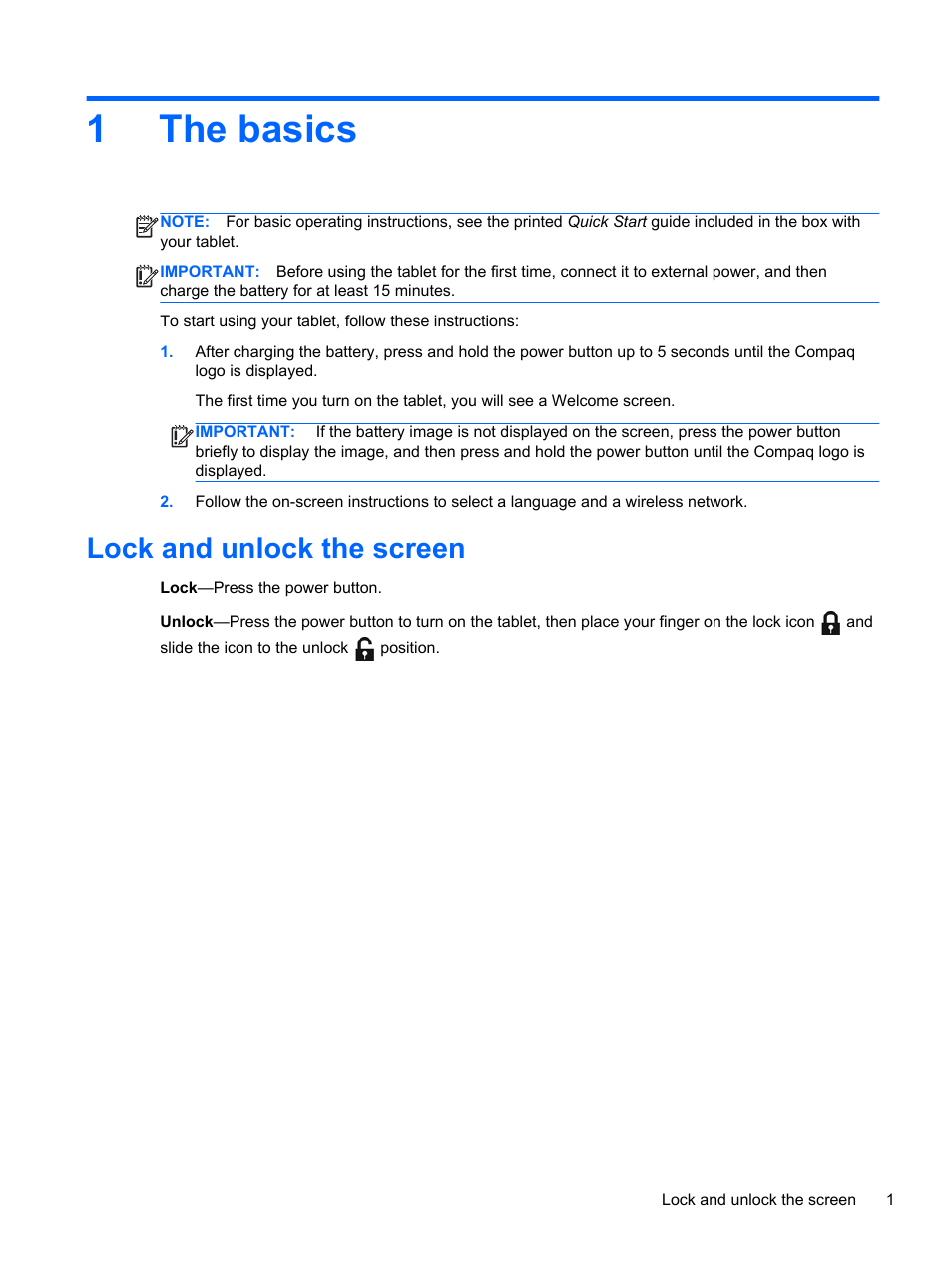 The basics, Lock and unlock the screen, 1 the basics | 1the basics | HP 8 1401ee Tablet User Manual | Page 5 / 17