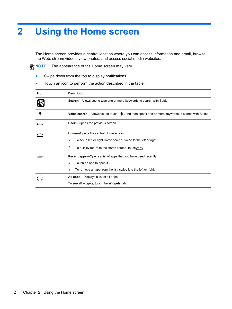 Using the home screen, 2 using the home screen, 2using the home screen | HP 8 1401ee Tablet User Manual | Page 6 / 17