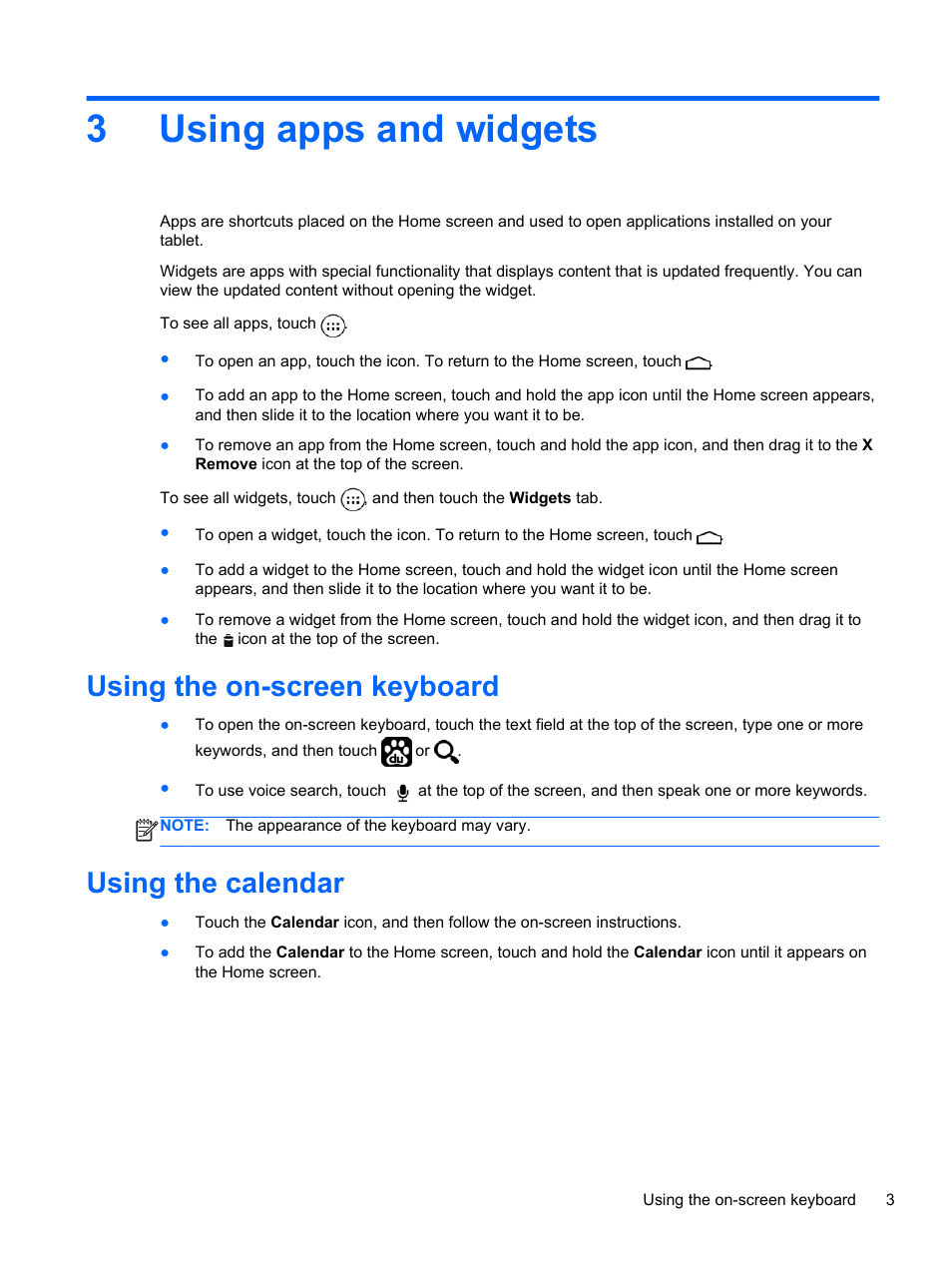 Using apps and widgets, Using the on-screen keyboard, Using the calendar | 3 using apps and widgets, Using the on-screen keyboard using the calendar, 3using apps and widgets | HP 8 1401ee Tablet User Manual | Page 7 / 17