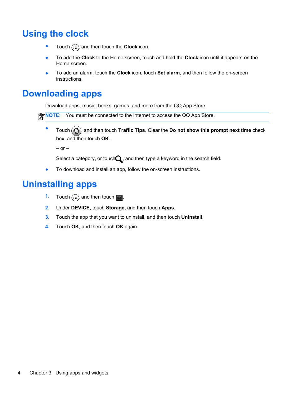 Using the clock, Downloading apps, Uninstalling apps | Using the clock downloading apps uninstalling apps | HP 8 1401ee Tablet User Manual | Page 8 / 17