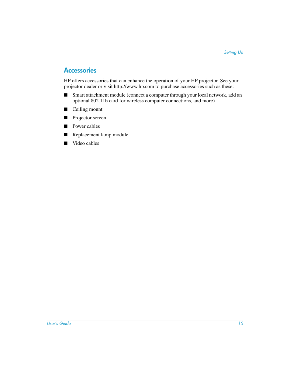 Accessories | HP mp3130 Digital Projector User Manual | Page 15 / 84