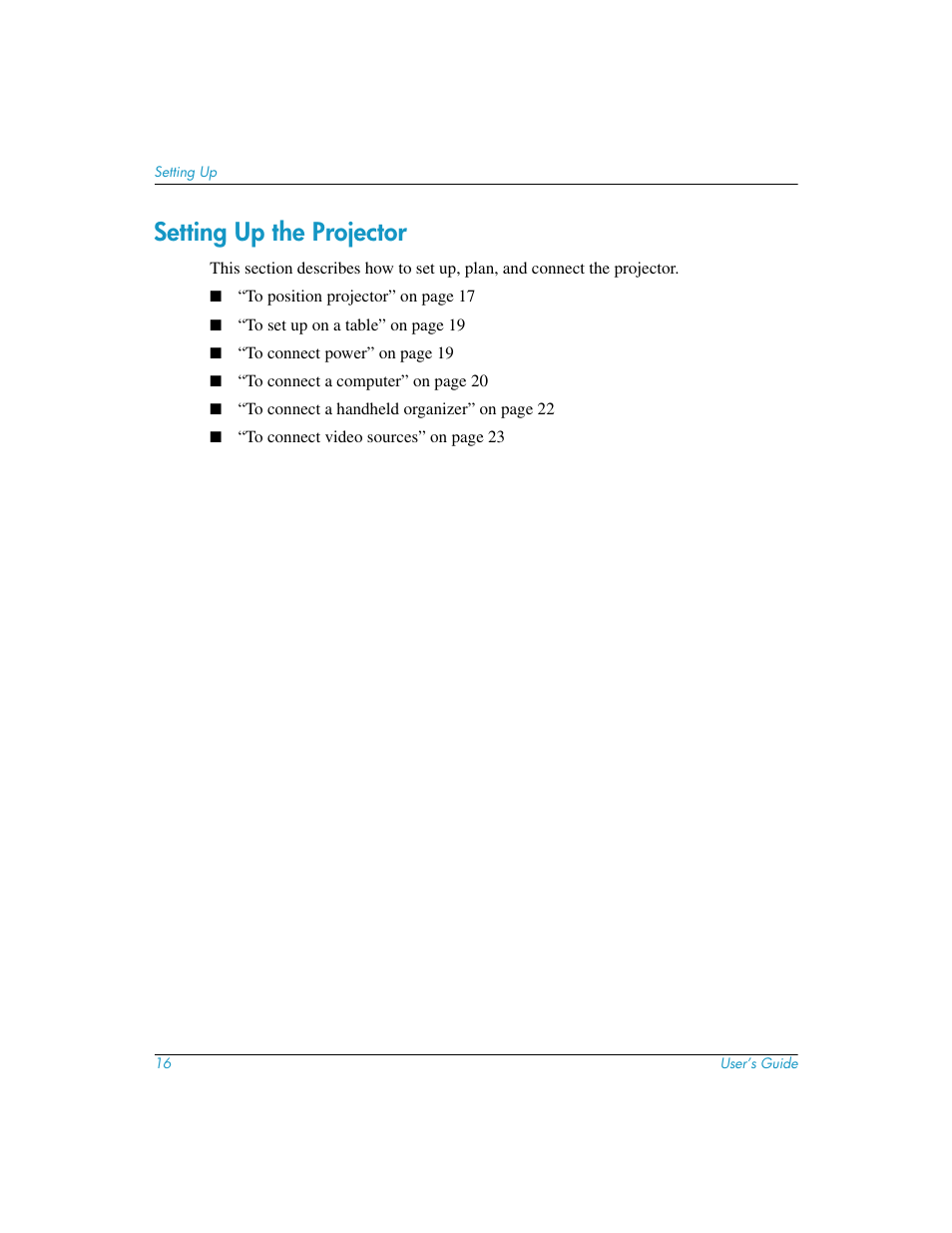 Setting up the projector | HP mp3130 Digital Projector User Manual | Page 16 / 84
