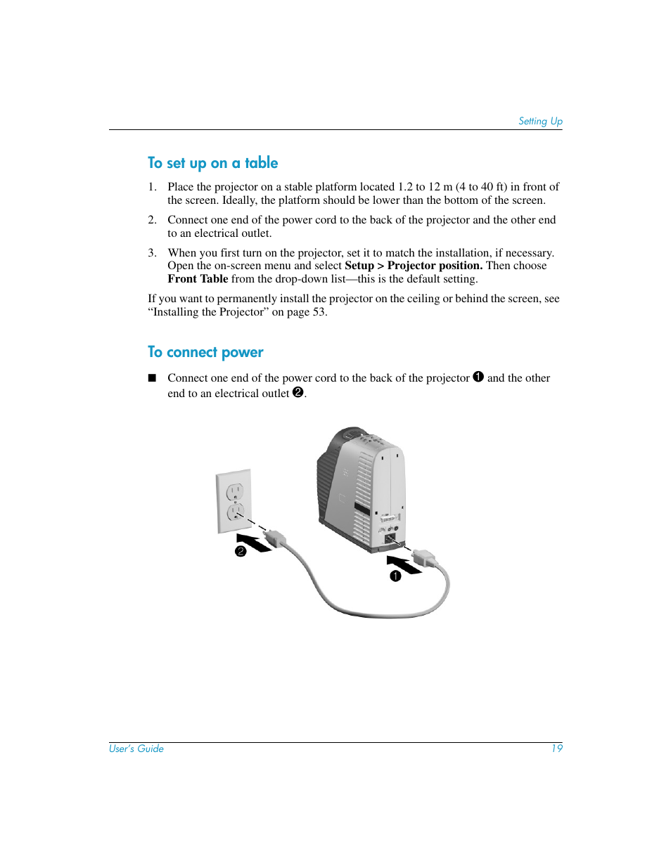 To set up on a table, To connect power, To set up on a table to connect power | HP mp3130 Digital Projector User Manual | Page 19 / 84