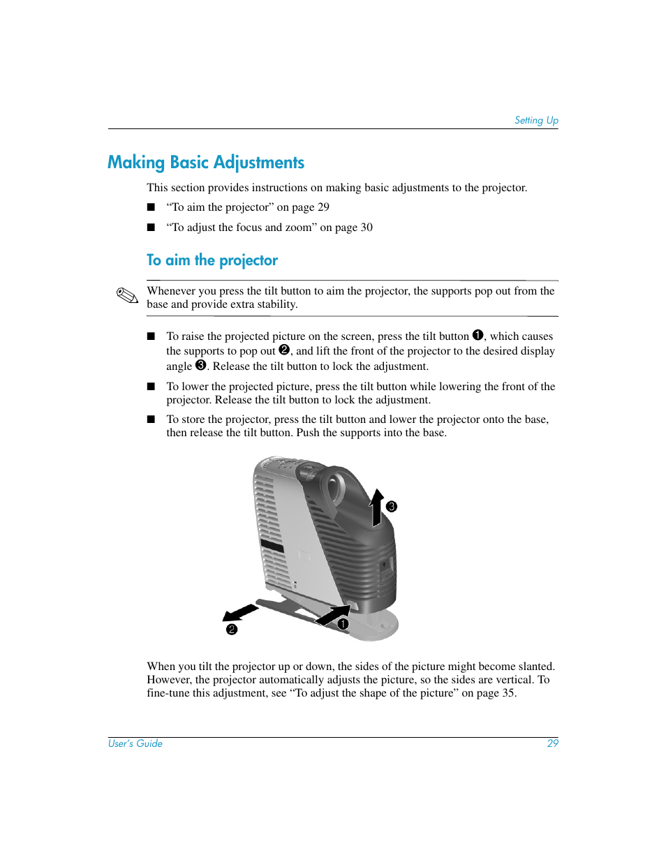 Making basic adjustments, To aim the projector | HP mp3130 Digital Projector User Manual | Page 29 / 84