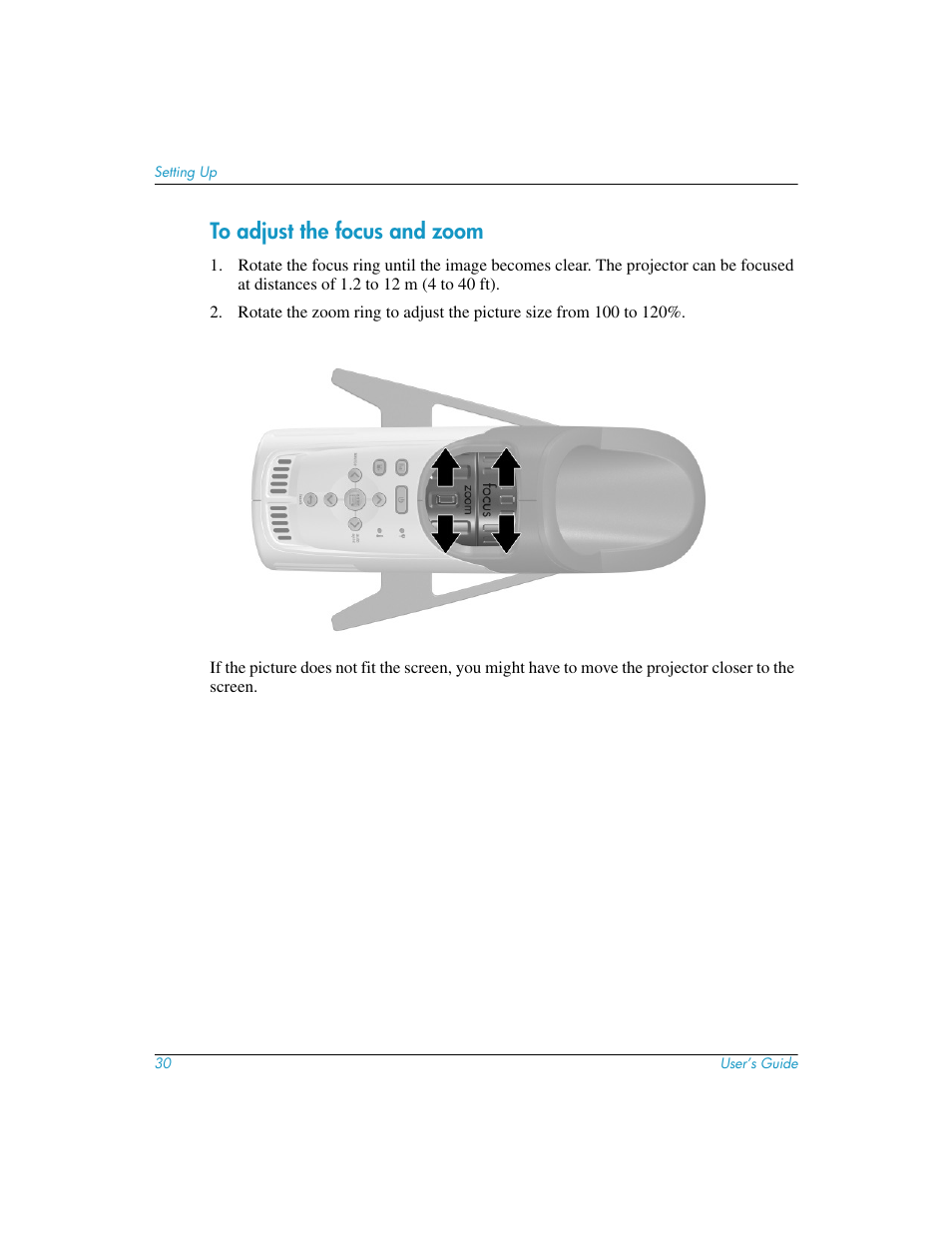 To adjust the focus and zoom | HP mp3130 Digital Projector User Manual | Page 30 / 84