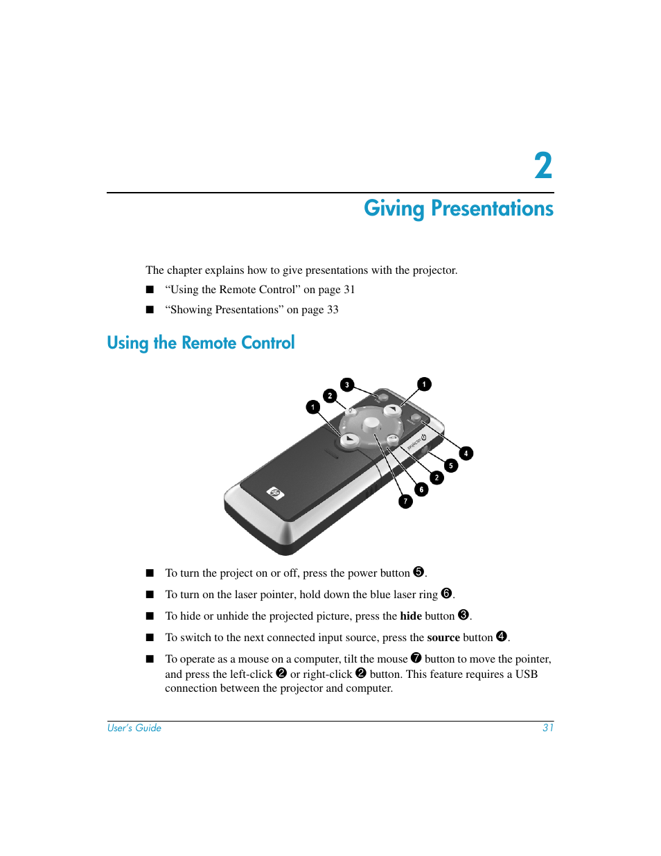 Giving presentations, Using the remote control, 2 giving presentations | HP mp3130 Digital Projector User Manual | Page 31 / 84