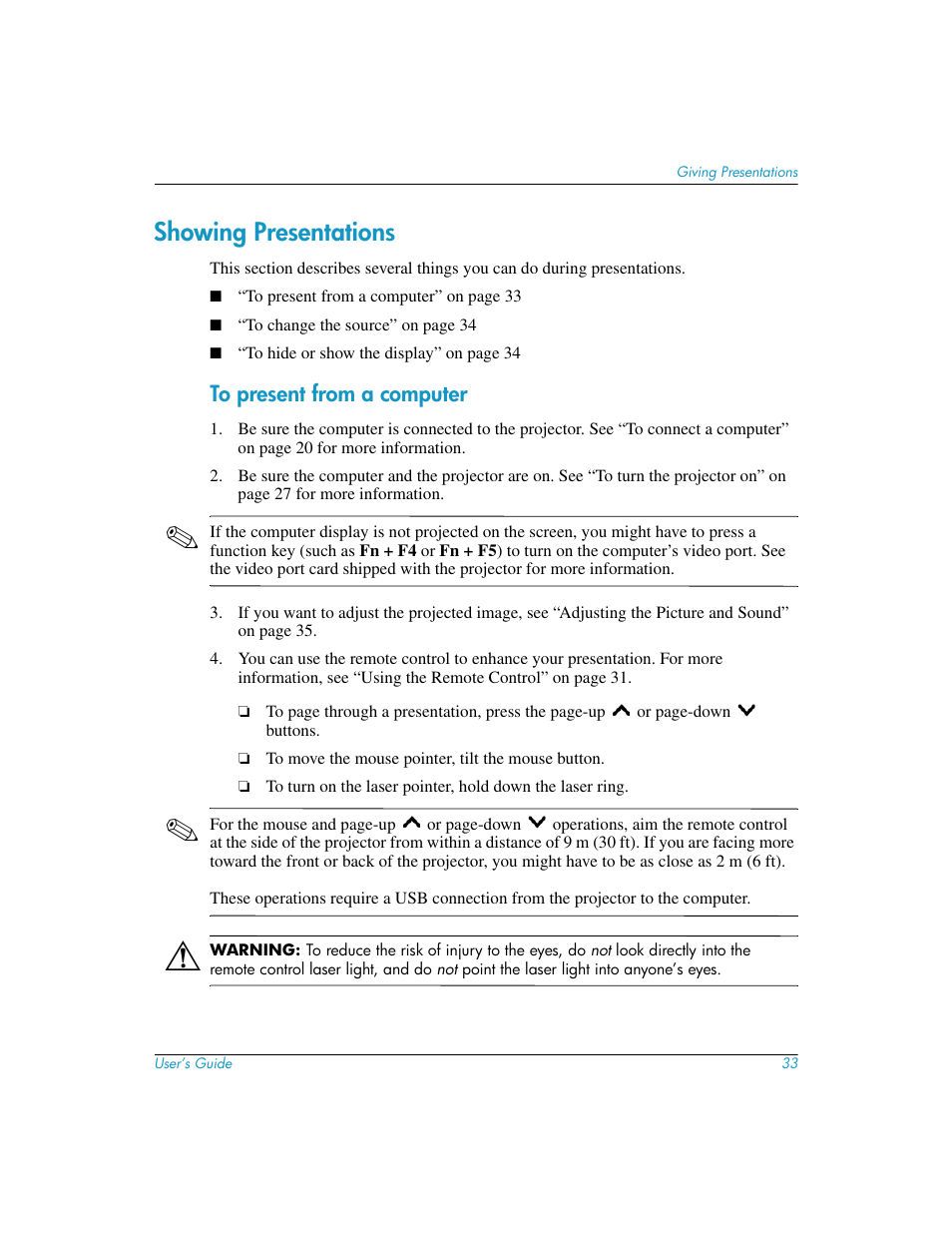 Showing presentations, To present from a computer | HP mp3130 Digital Projector User Manual | Page 33 / 84