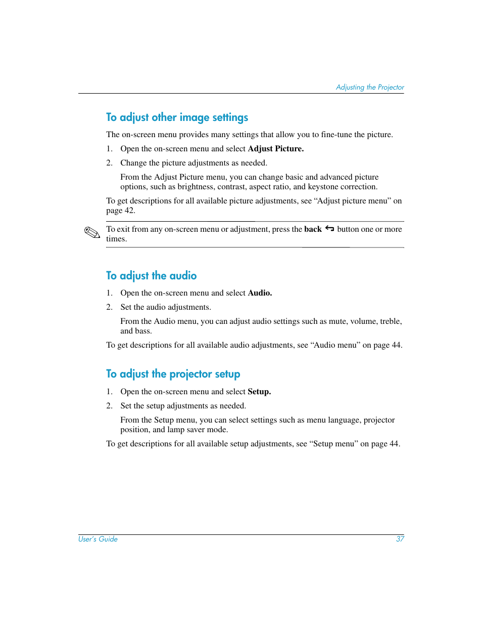 To adjust other image settings, To adjust the audio, To adjust the projector setup | HP mp3130 Digital Projector User Manual | Page 37 / 84