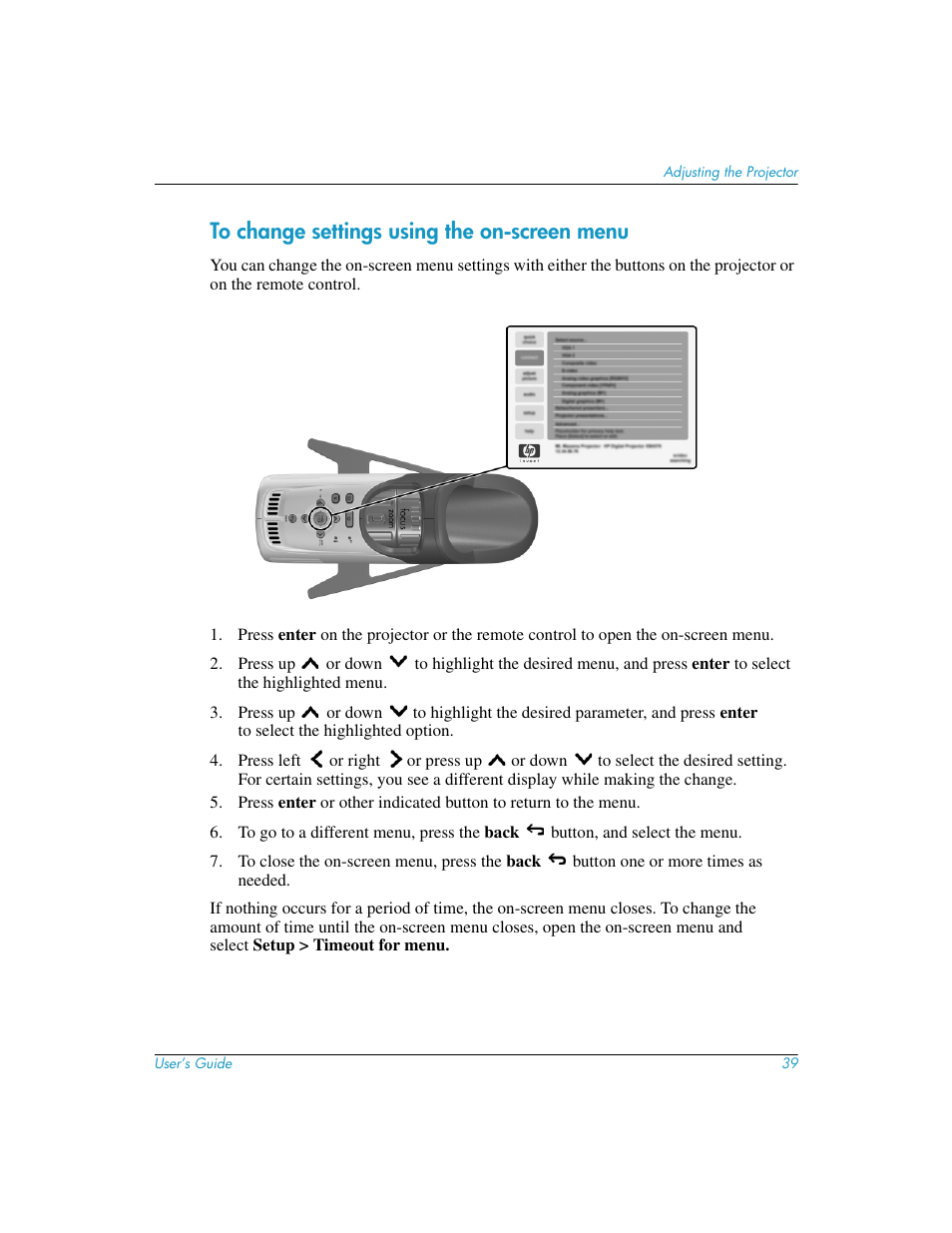 To change settings using the on-screen menu | HP mp3130 Digital Projector User Manual | Page 39 / 84