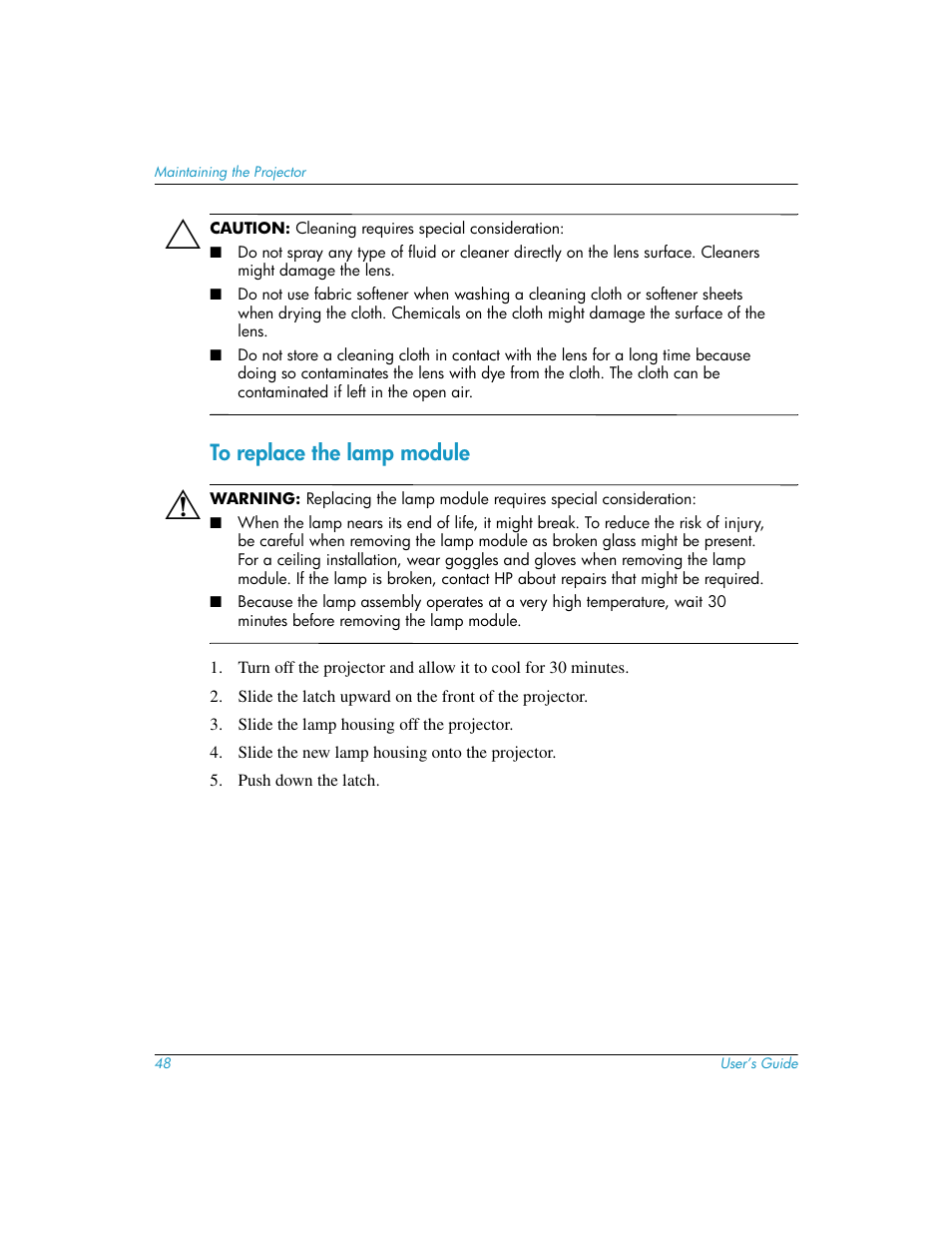 To replace the lamp module | HP mp3130 Digital Projector User Manual | Page 48 / 84