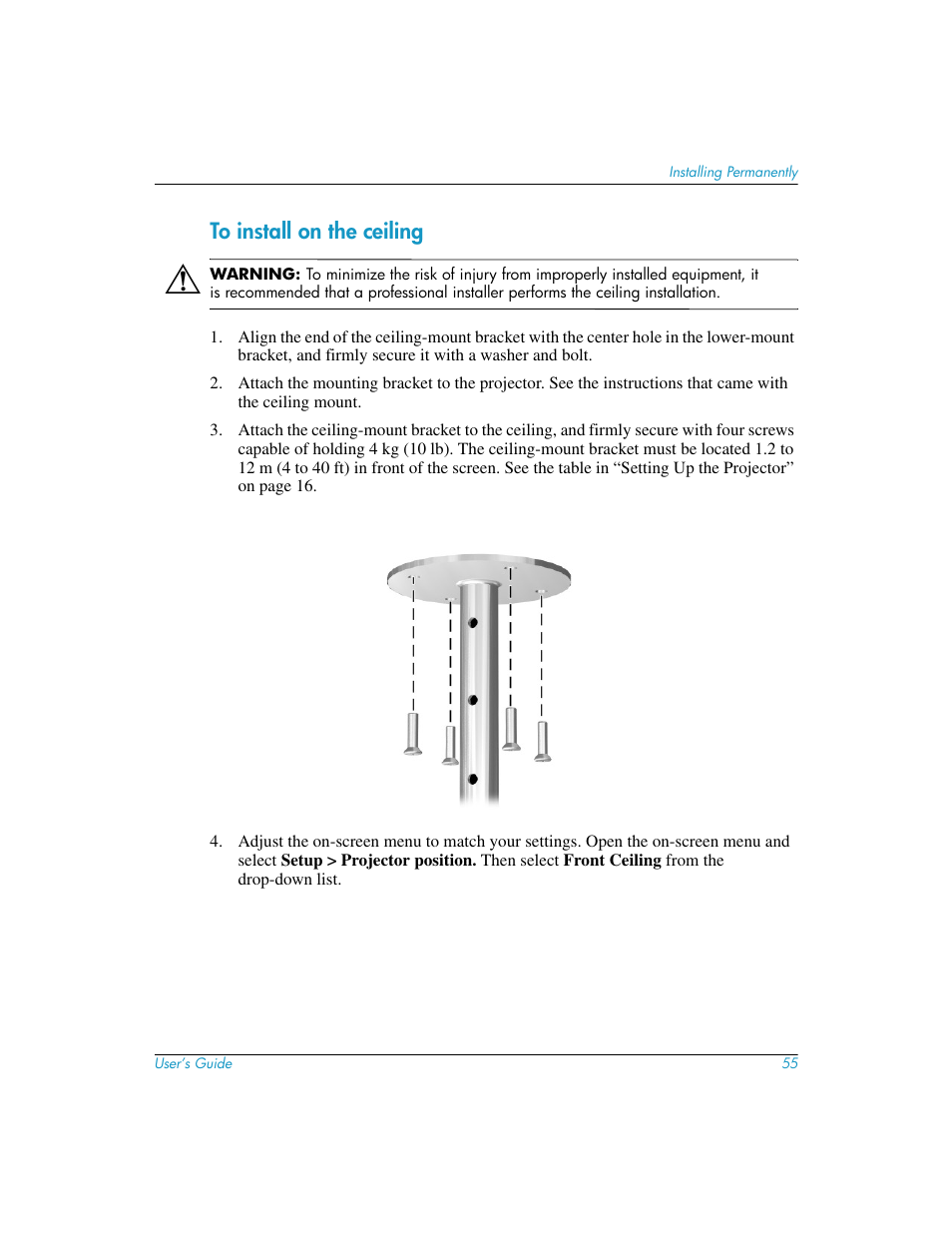 To install on the ceiling | HP mp3130 Digital Projector User Manual | Page 55 / 84