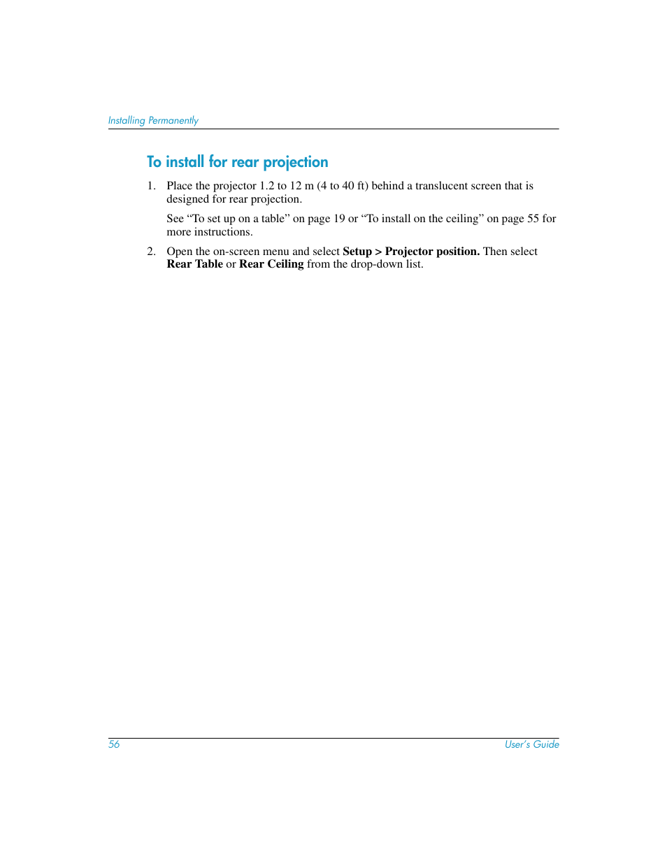 To install for rear projection | HP mp3130 Digital Projector User Manual | Page 56 / 84