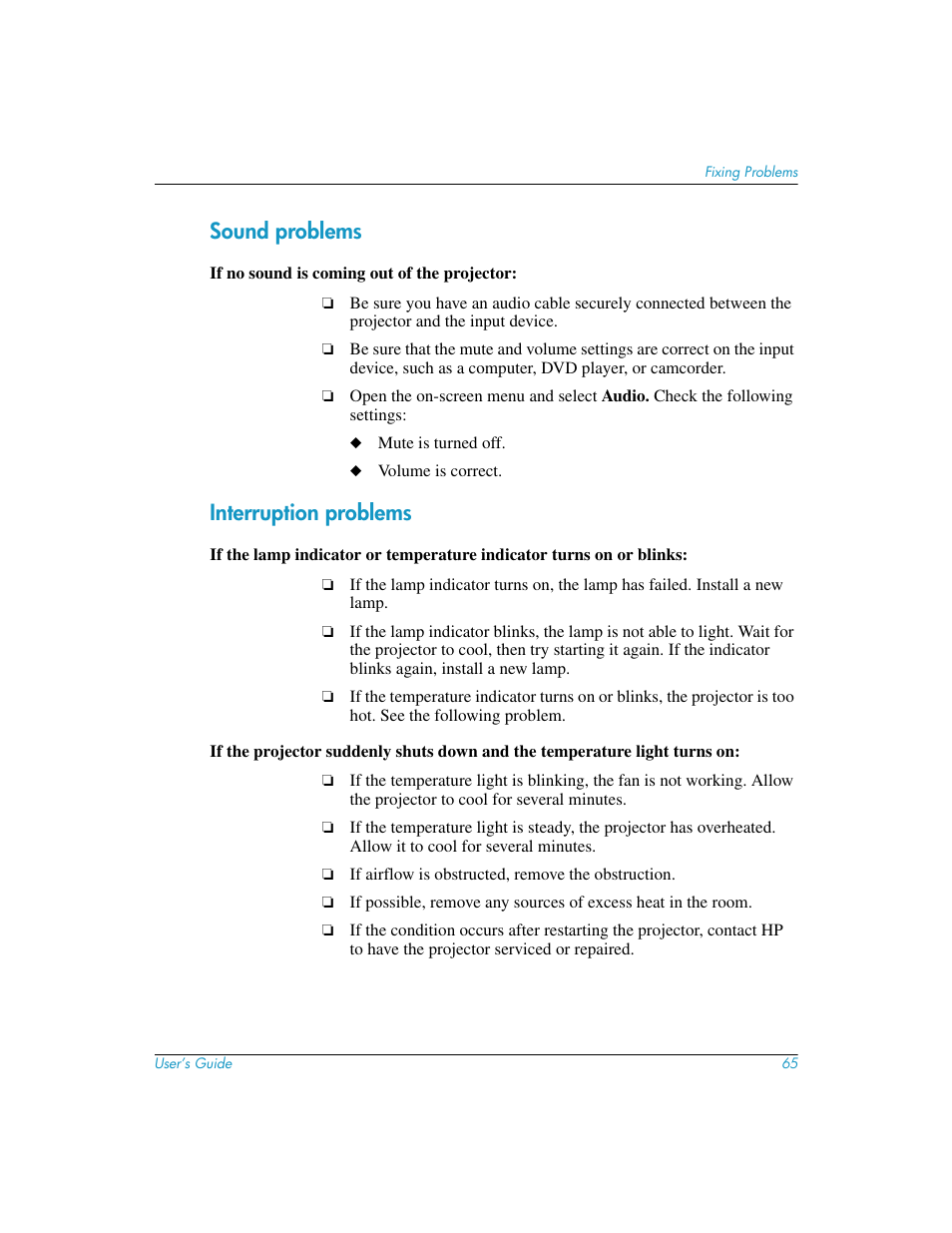 Sound problems, Interruption problems, Sound problems interruption problems | HP mp3130 Digital Projector User Manual | Page 65 / 84