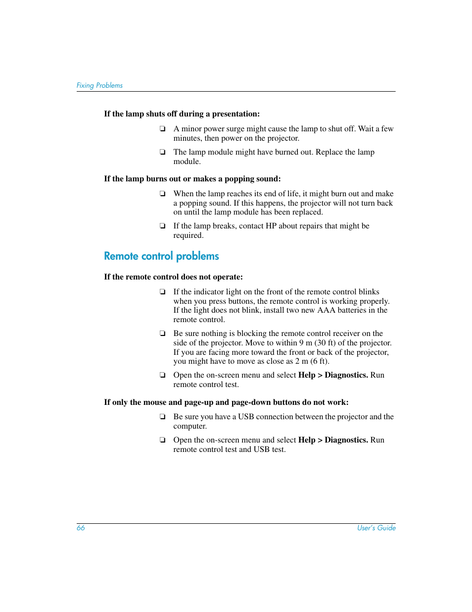 Remote control problems | HP mp3130 Digital Projector User Manual | Page 66 / 84