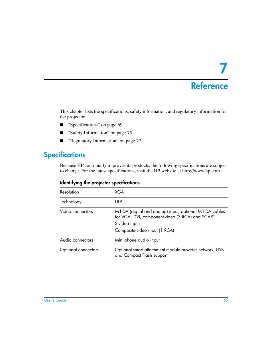 Reference, Specifications | HP mp3130 Digital Projector User Manual | Page 69 / 84