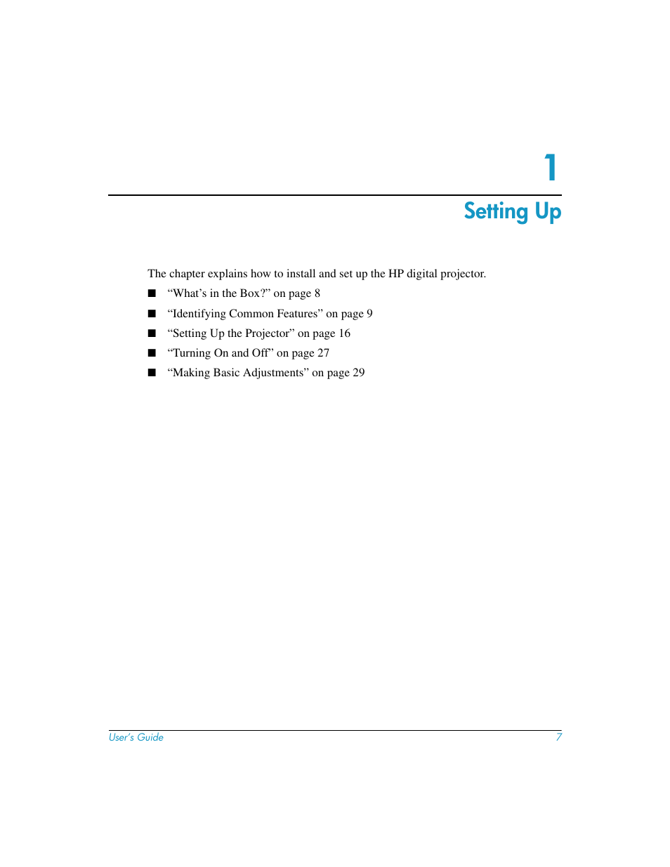 Setting up, 1 setting up | HP mp3130 Digital Projector User Manual | Page 7 / 84