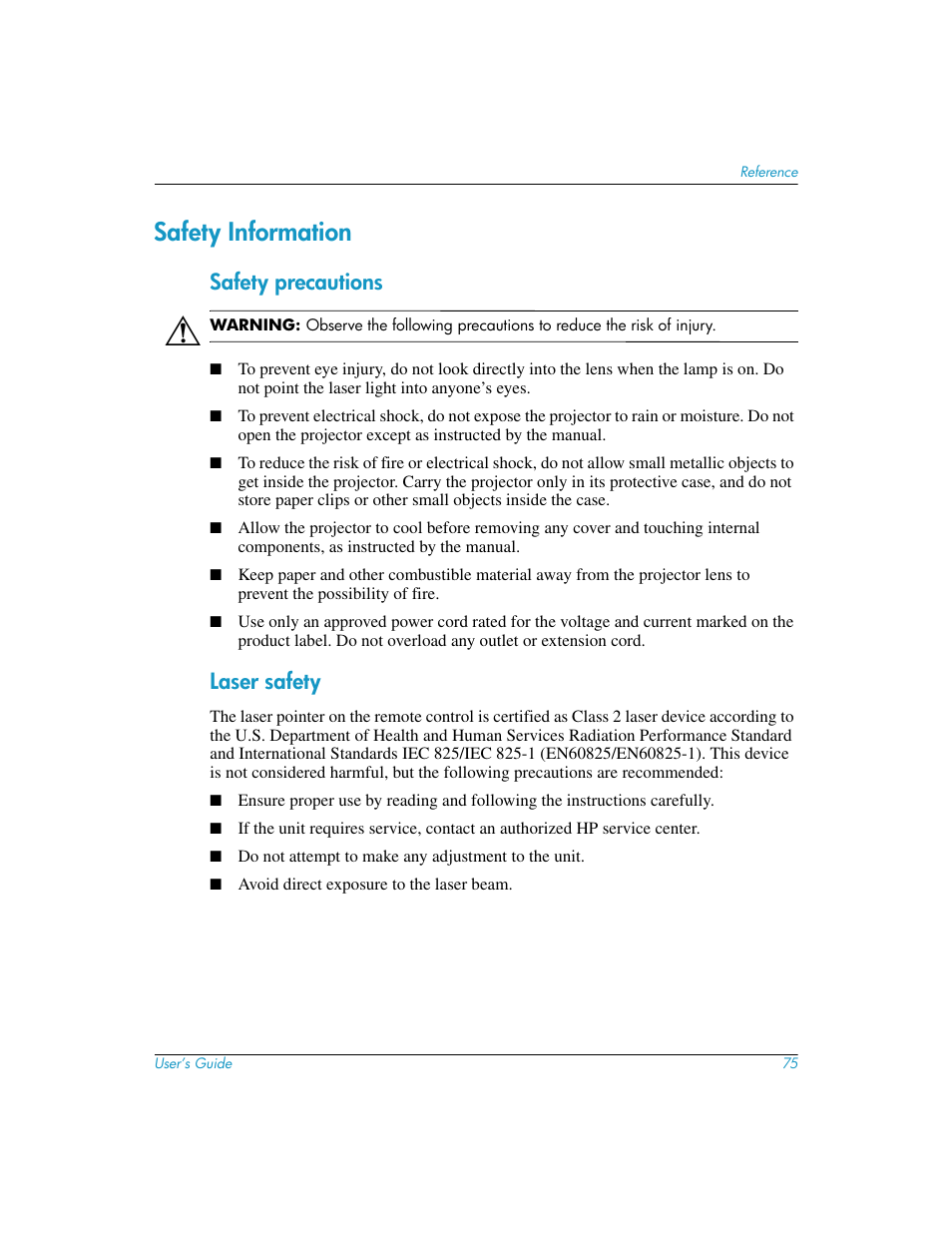 Safety information, Safety precautions, Laser safety | Safety precautions laser safety | HP mp3130 Digital Projector User Manual | Page 75 / 84