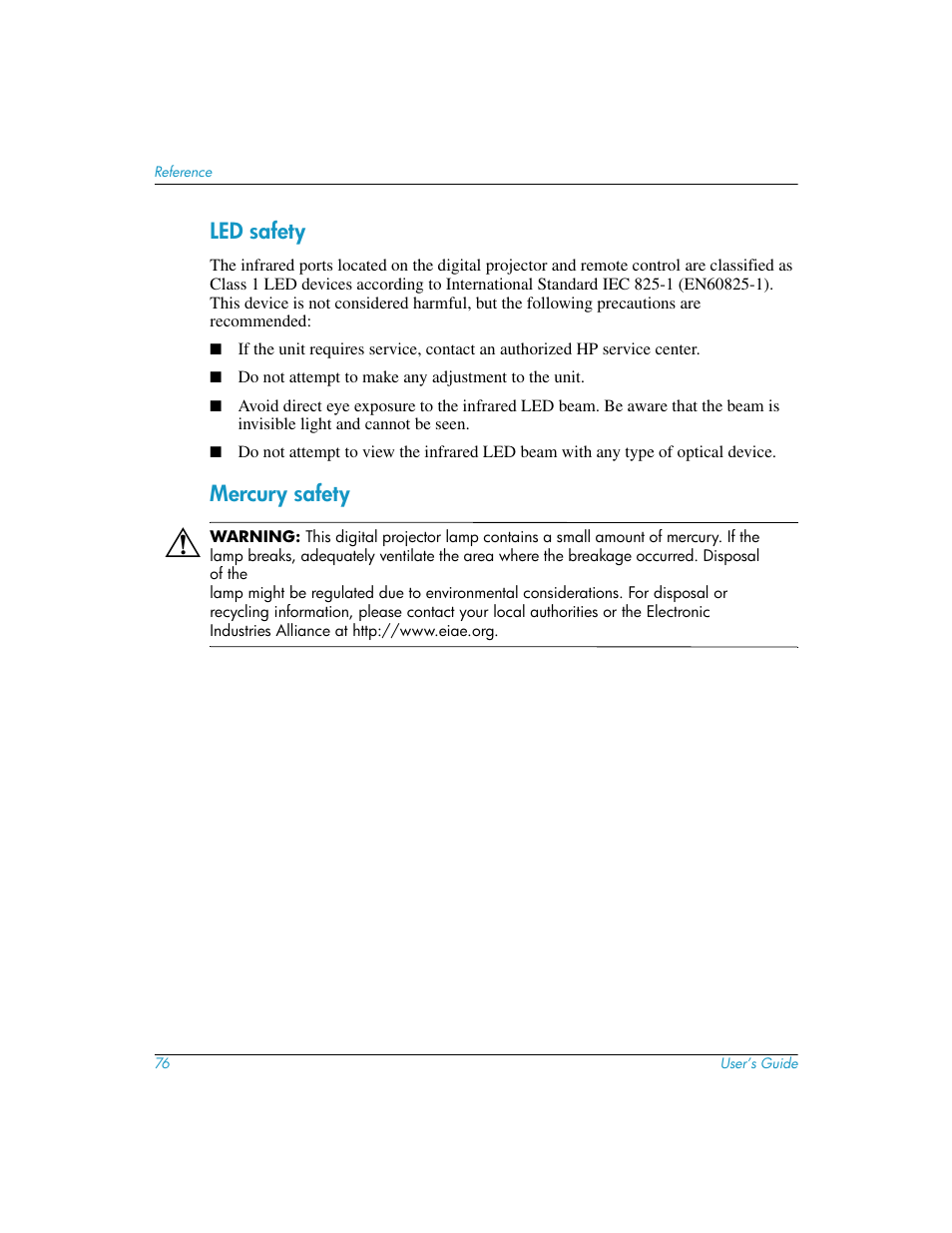 Led safety, Mercury safety, Led safety mercury safety | HP mp3130 Digital Projector User Manual | Page 76 / 84