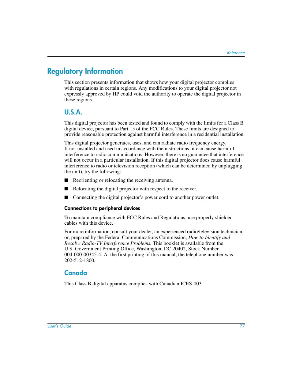 Regulatory information, U.s.a, Canada | U.s.a canada | HP mp3130 Digital Projector User Manual | Page 77 / 84