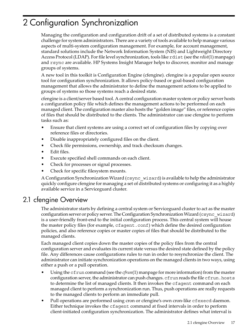 2 configuration synchronization, 1 cfengine overview, Chapter 2 | HP Linux Server Management Software User Manual | Page 17 / 98