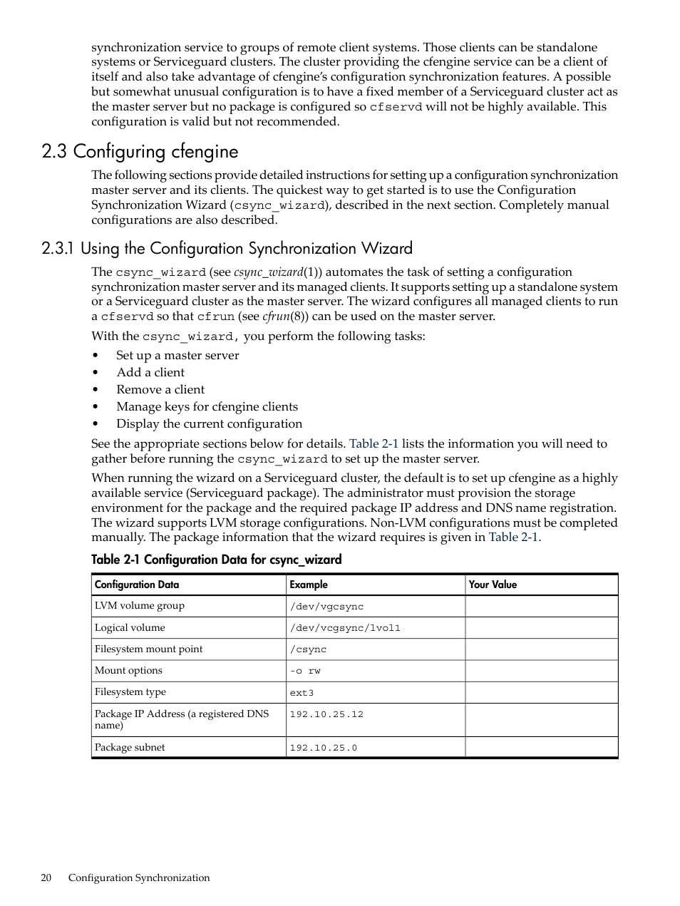 3 configuring cfengine, 1 using the configuration synchronization wizard, Configuration data for csync_wizard | HP Linux Server Management Software User Manual | Page 20 / 98