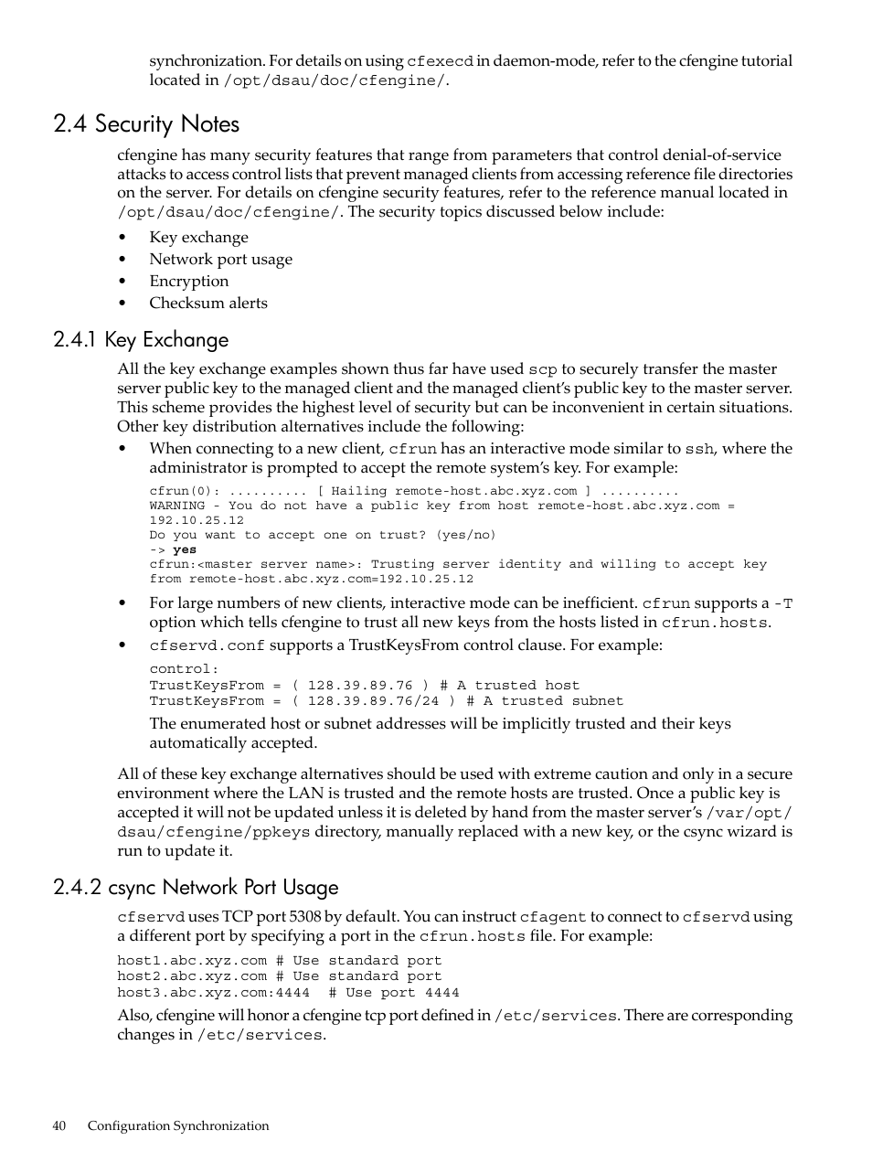 4 security notes, 1 key exchange, 2 csync network port usage | 1 key exchange 2.4.2 csync network port usage | HP Linux Server Management Software User Manual | Page 40 / 98