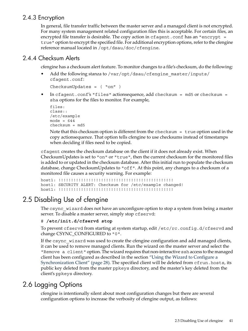 3 encryption, 4 checksum alerts, 5 disabling use of cfengine | 6 logging options, 3 encryption 2.4.4 checksum alerts, 5 disabling use of cfengine 2.6 logging options | HP Linux Server Management Software User Manual | Page 41 / 98