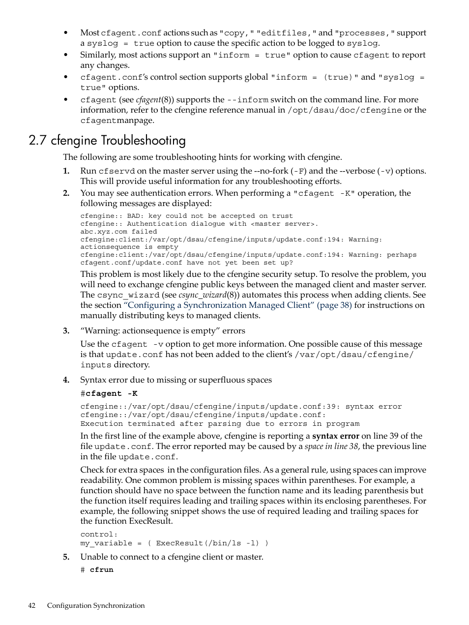 7 cfengine troubleshooting | HP Linux Server Management Software User Manual | Page 42 / 98