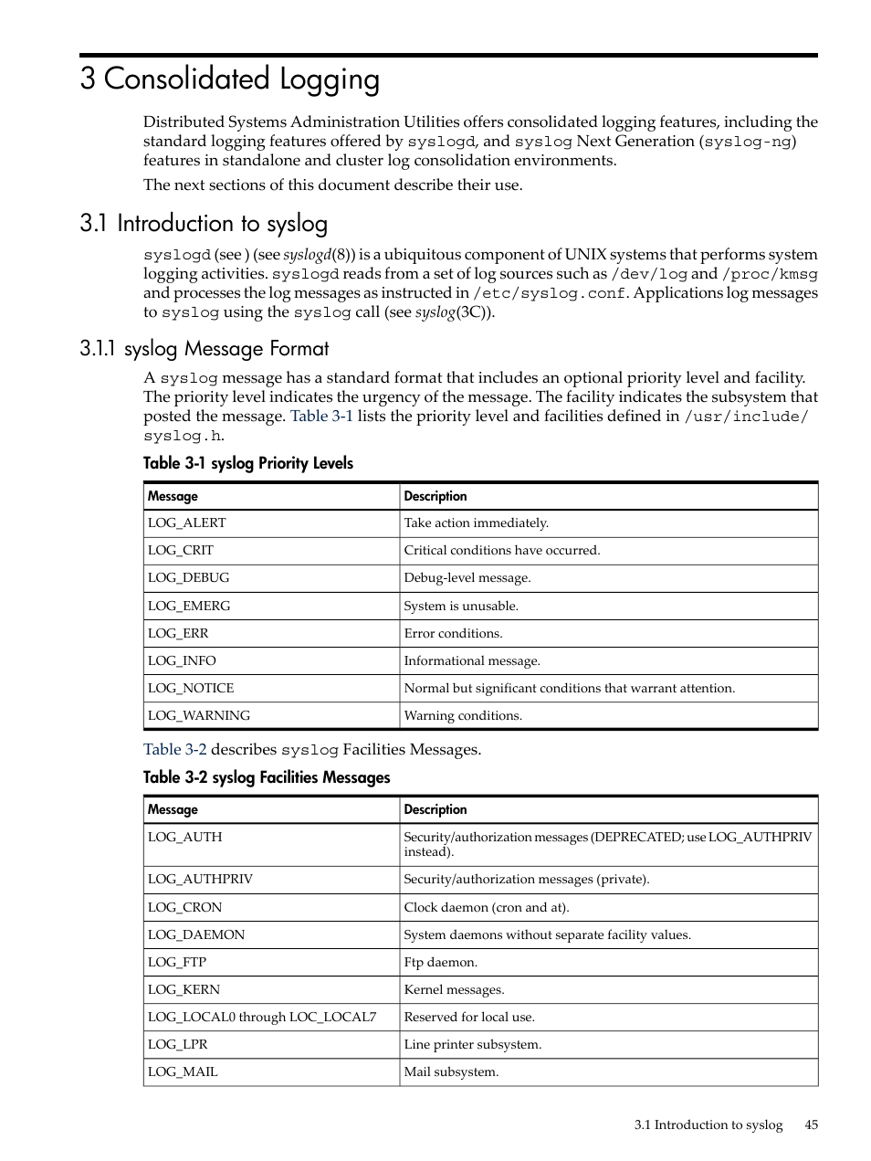 3 consolidated logging, 1 introduction to syslog, 1 syslog message format | Syslog priority levels, Syslog facilities messages | HP Linux Server Management Software User Manual | Page 45 / 98