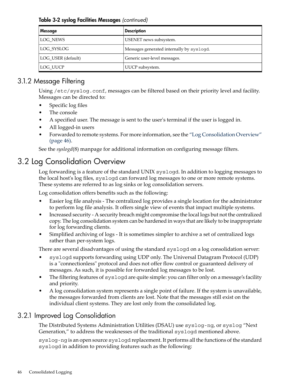 2 message filtering, 2 log consolidation overview, 1 improved log consolidation | HP Linux Server Management Software User Manual | Page 46 / 98